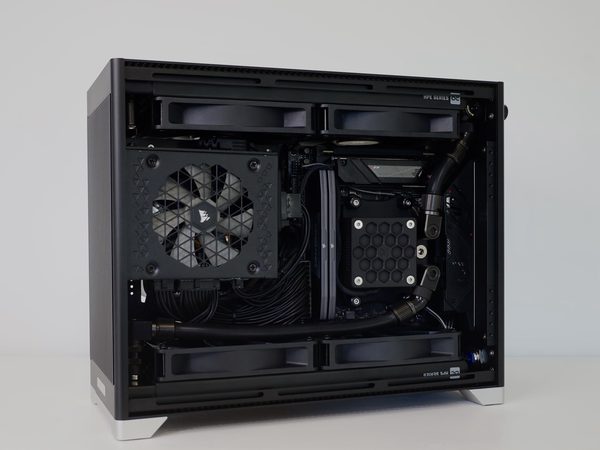 A dark water-cooled Pantheon build, side panel off