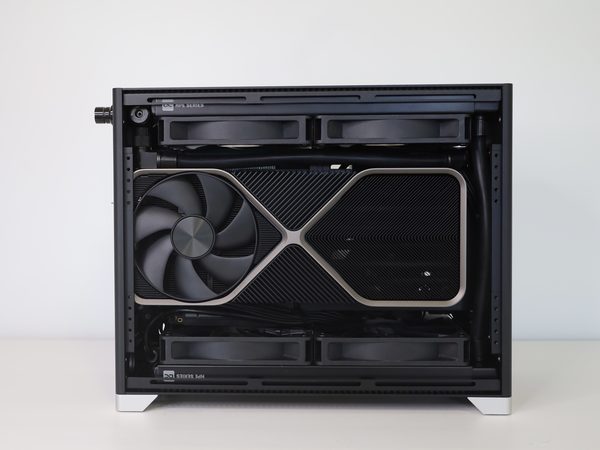 A Pantheon build with the graphics card on show, side panel off