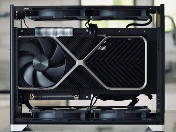 An open Pantheon build, graphics card and radiators visible