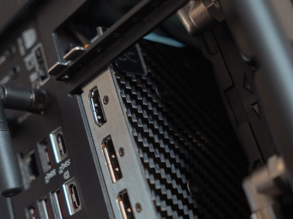 Close-up of the rear input and output panel of a Pantheon
