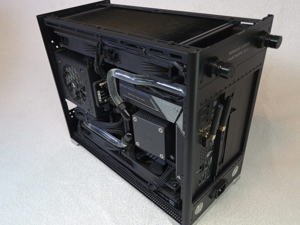 A water-cooled Pantheon build seen from the front corner
