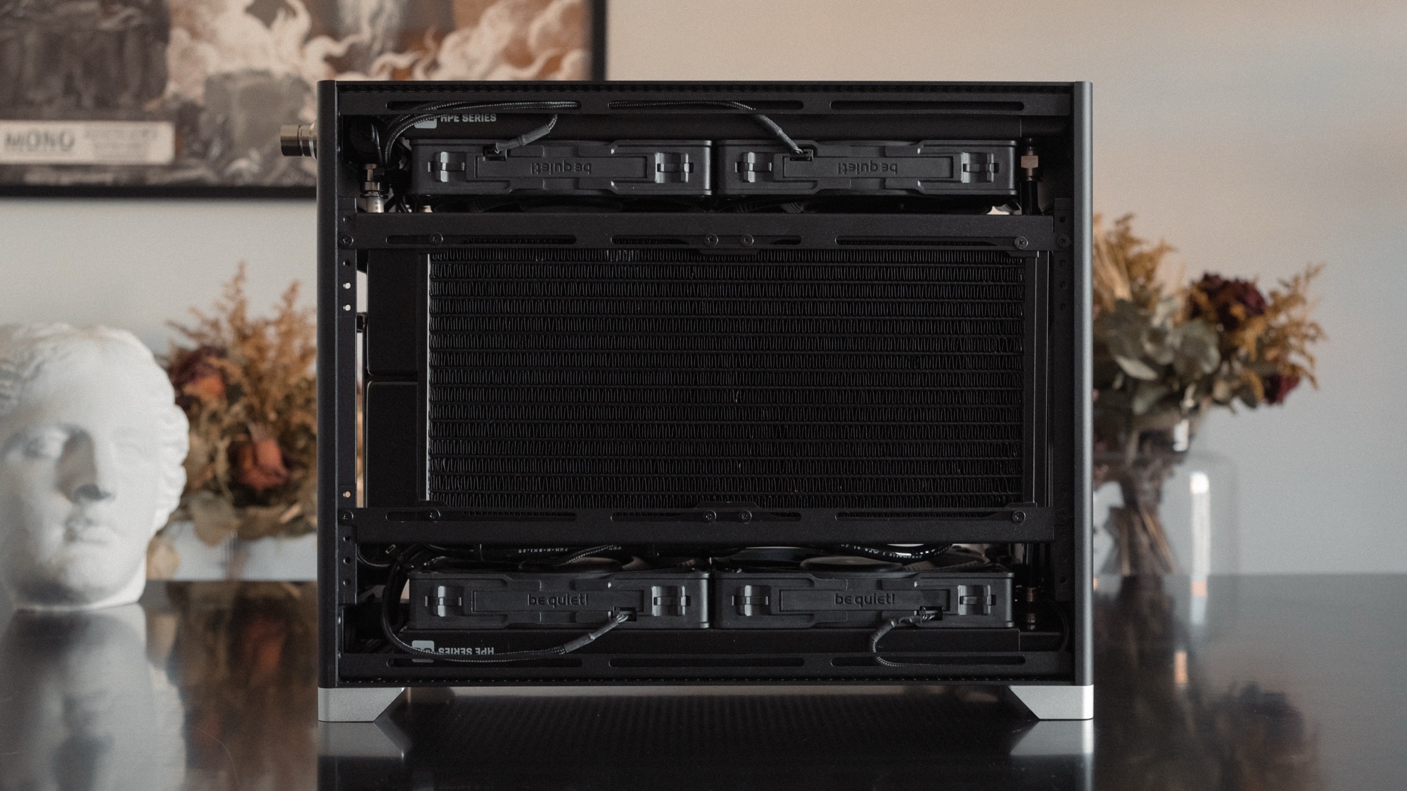The Pantheon open on its side: three 280mm radiators mounted, top and bottom with their fans